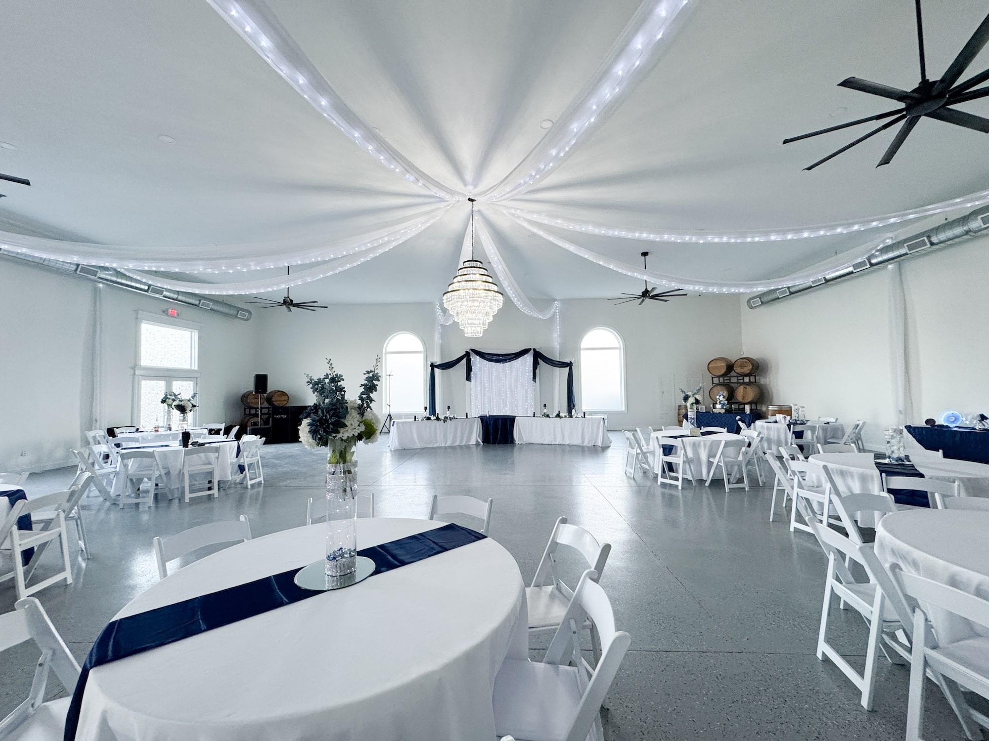 Reception hall interior with elegant table settings