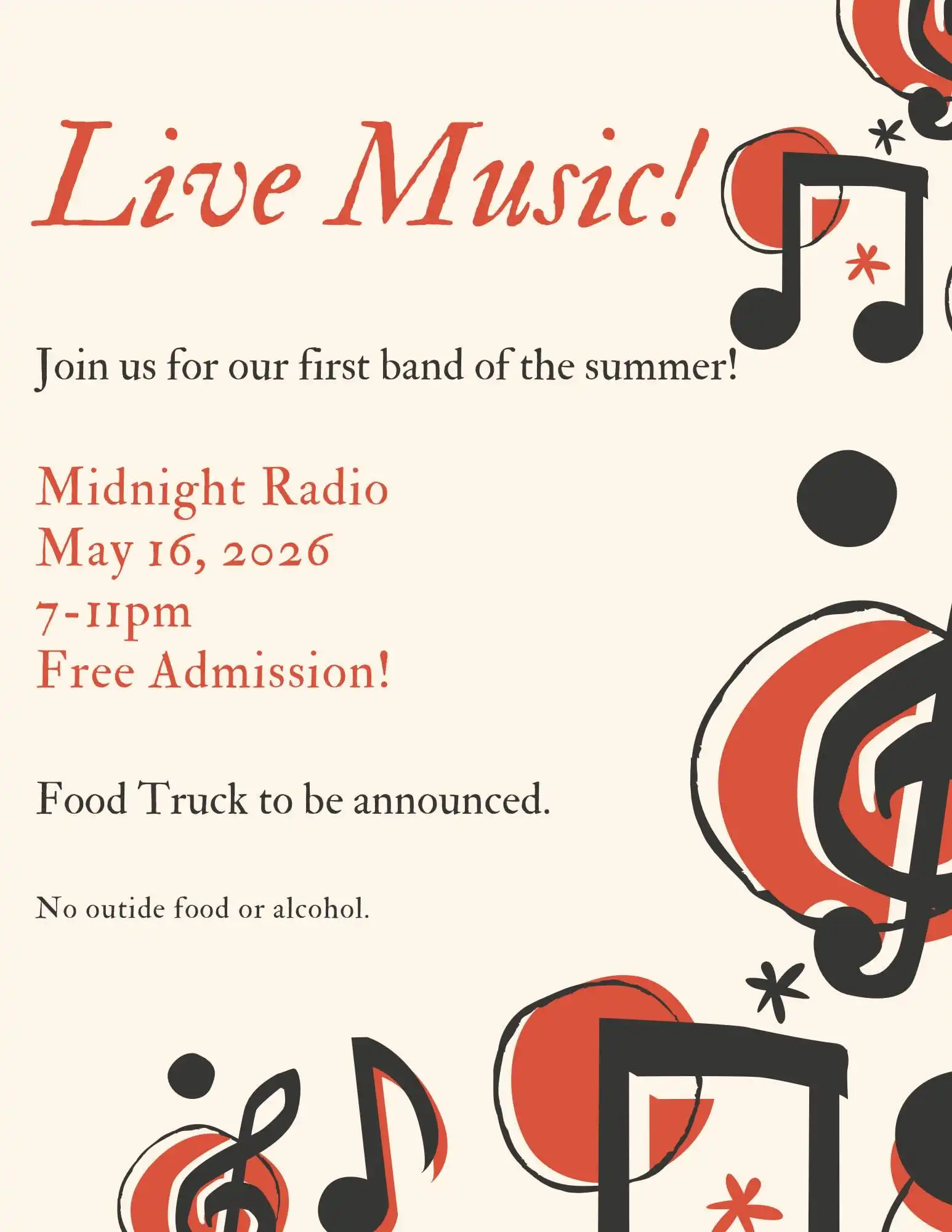 Live Music - Midnight Radio, May 16, 2026, 7-11pm. Free Admission! Food truck to be announced.