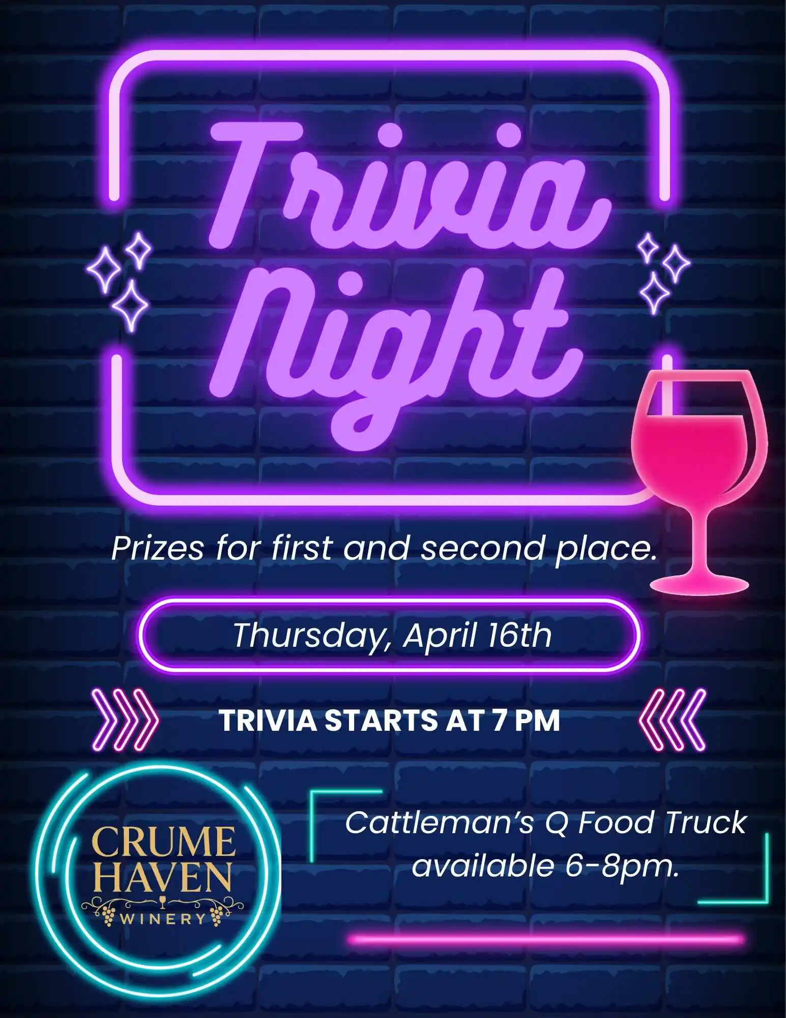 Trivia Night - Thursday, April 16th at 7 PM. Prizes for first and second place. Cattleman's Q Food Truck available 6-8pm.