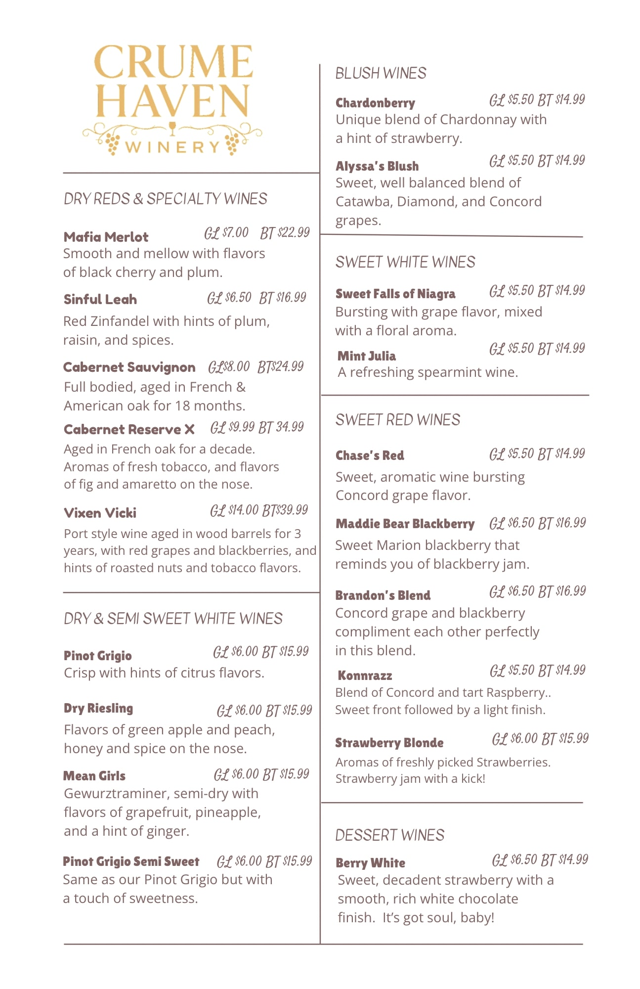 Crume Haven Winery Wine List - Full Selection of Dry Reds, Specialty Wines, Blush Wines, Sweet Whites, Sweet Reds, and Dessert Wines